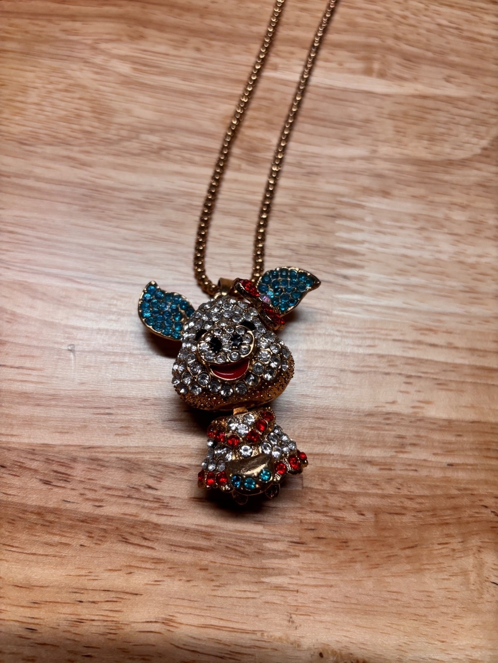 Vintage Betsey Johnson Inspired Bedazzled Piglet Necklace Blue Red Crystals